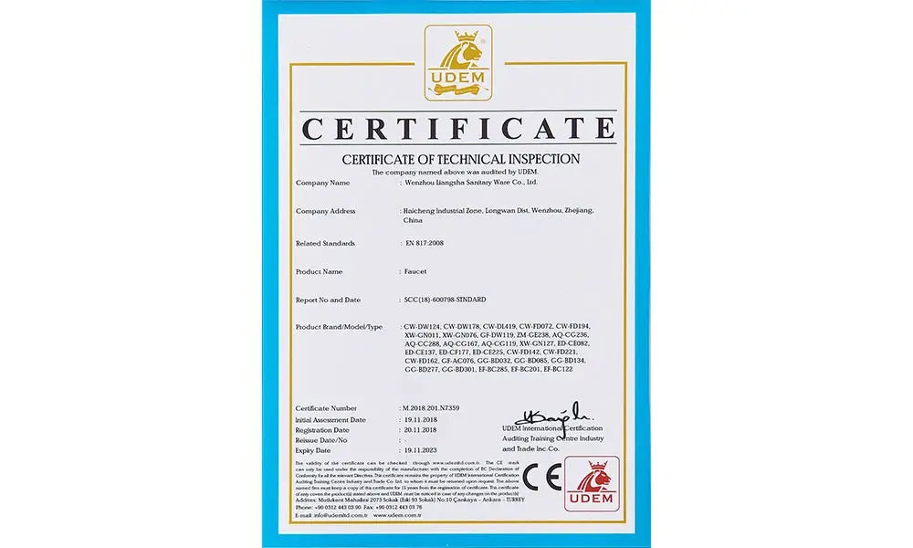Certificate of technical inspection with blue border and UDEM logo seal