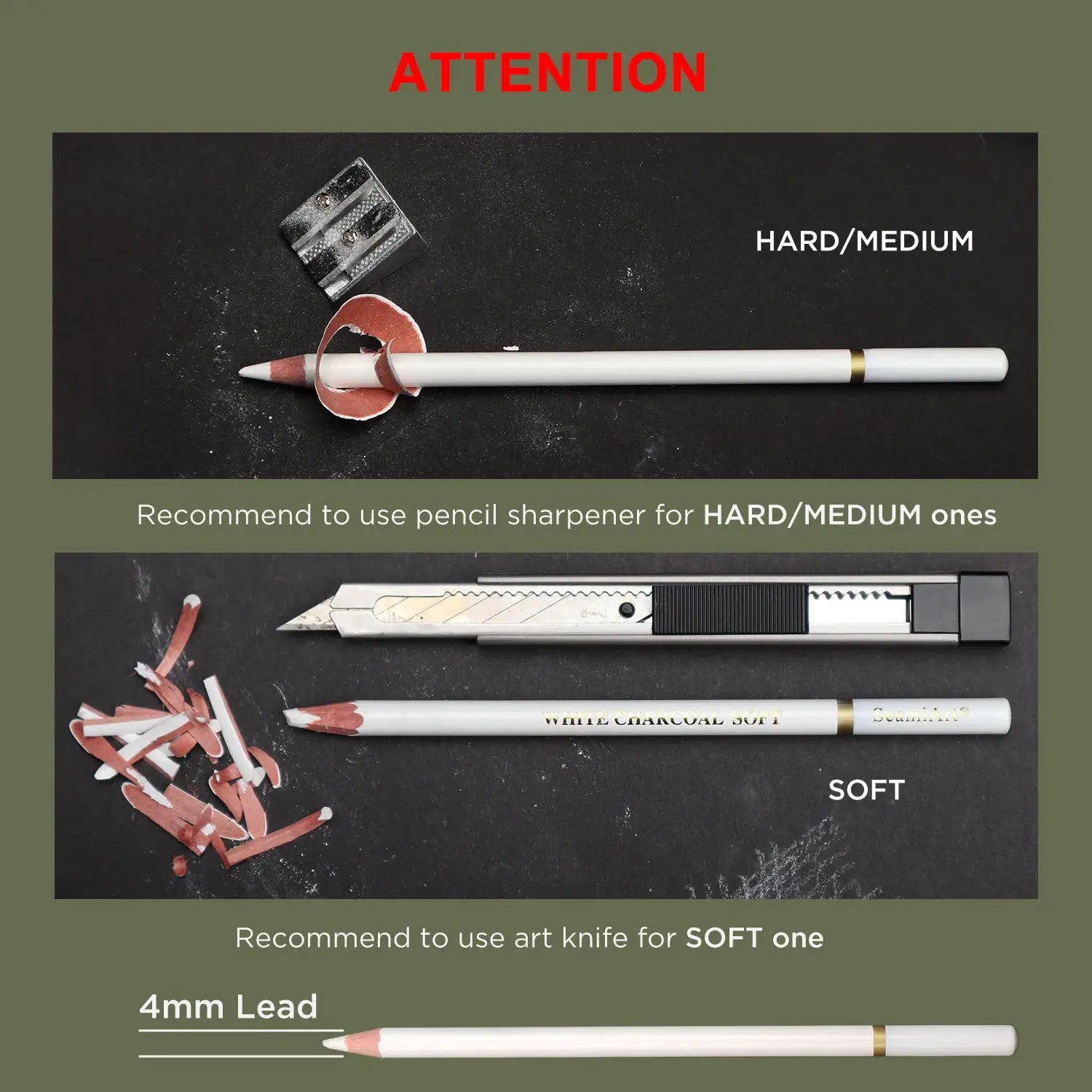 SeamiArt 3Pcs white charcoal pencils set (soft/medium/hard) for sketch by Simples Market