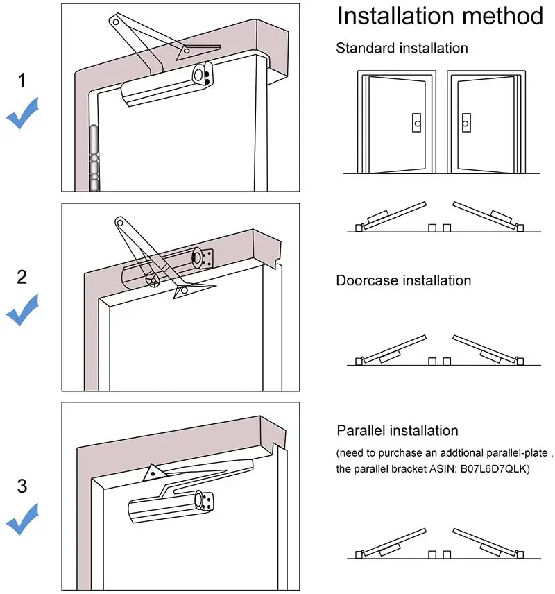 KAK hydraulic door closer installation diagrams showing standard, doorcase and parallel mounting by Simples Market