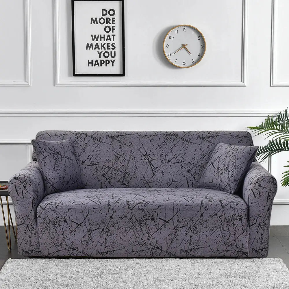 Sofa slipcover, stretch printed in lavender-gray with black abstract crack pattern