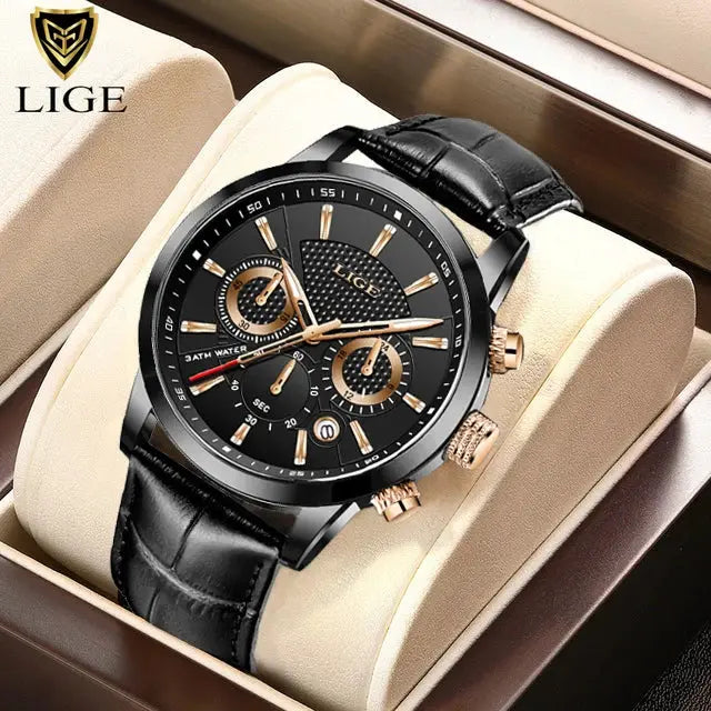 LIGE 2025 Mens Fashion Sports Quartz Watch Leather Strap Waterproof Date Stainless Steel Case
