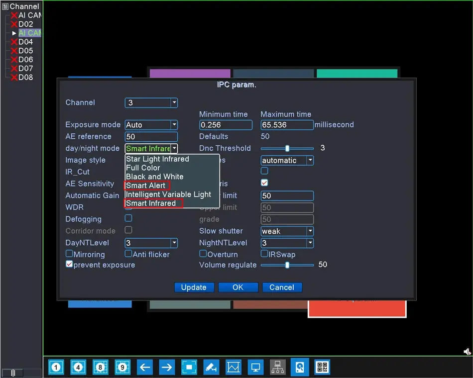 Techage IP camera setup screen showing IPC param dialog with Smart Infrared and AI options