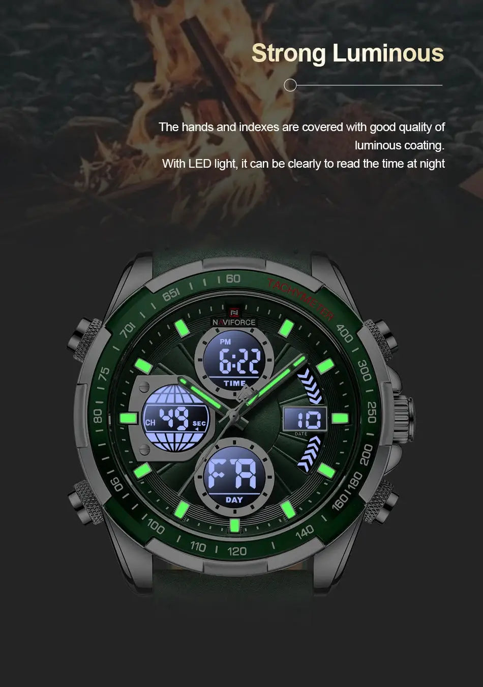 NAVIFORCE men's fashion military-style chronograph watch, green bezel and strap, waterproof quartz, luminous displays