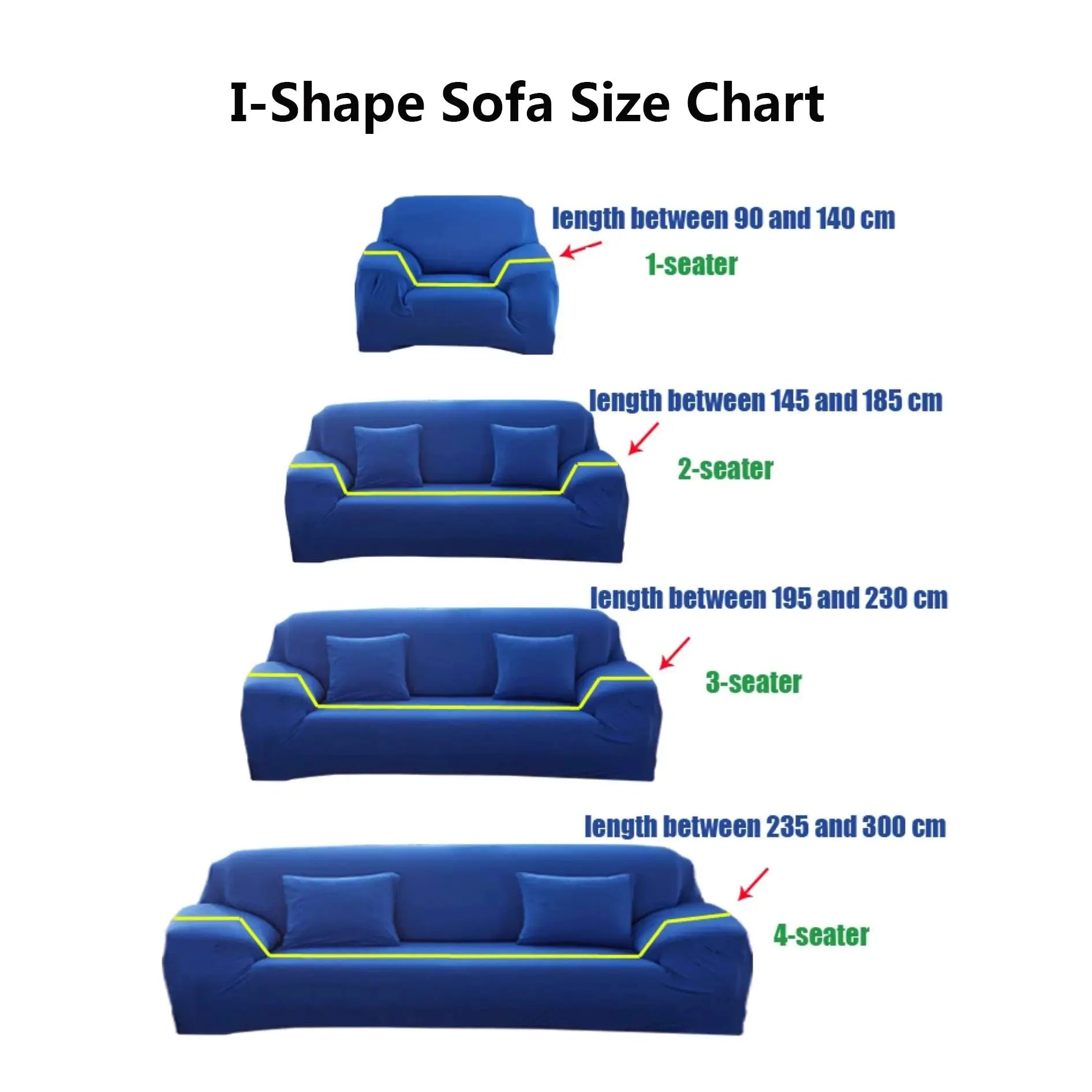 Sofa cover size chart by Simples Market; blue stretch slipcovers for 1–4 seat I-shape sofas with length guides