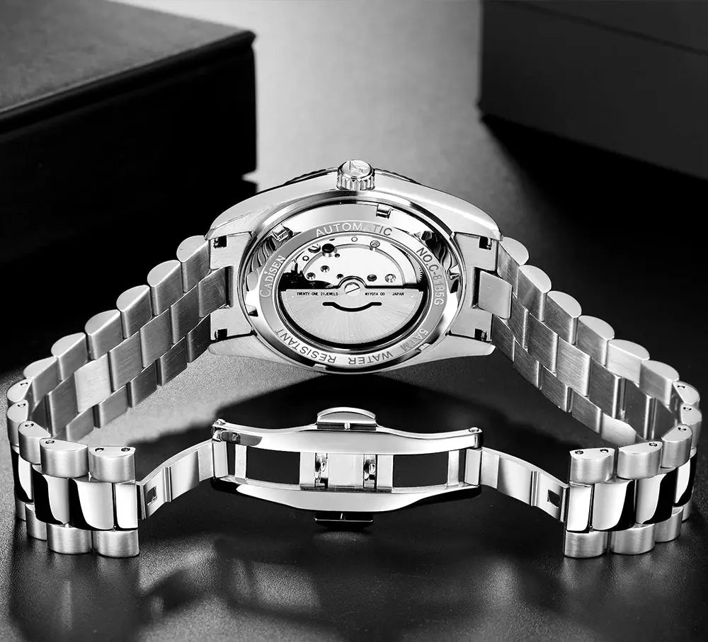 CADISEN men's stainless steel automatic watch with exhibition case back, water resistant Miyota 8285 movement
