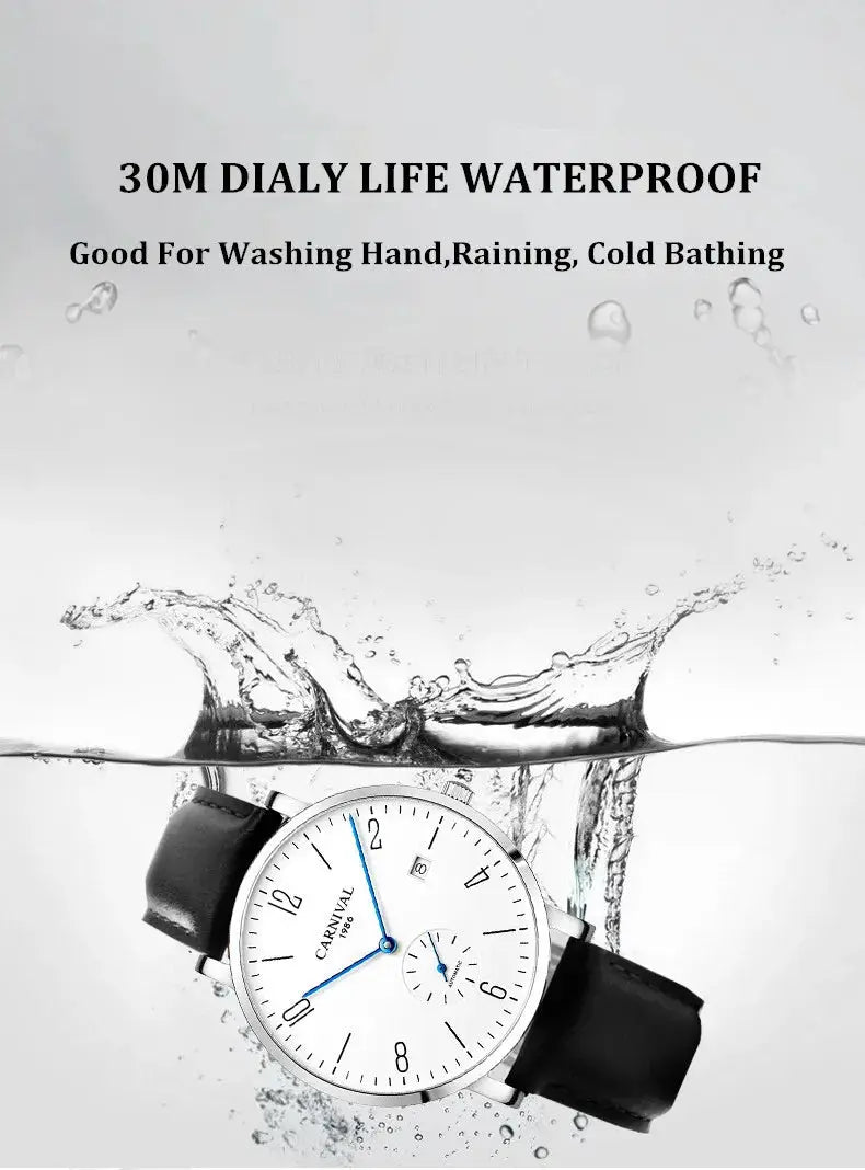 Carnival men's wristwatch with white dial, blue hands, black leather strap, date window, water-resistant 30M.