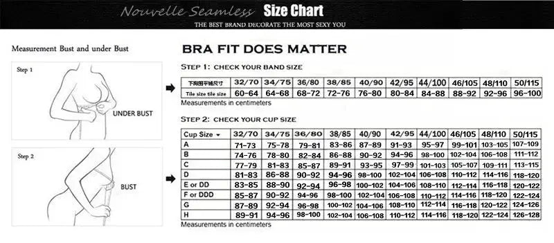 Simples Market Nouvelle Seamless bra size chart with underbust and bust measurements and cup-size grid.