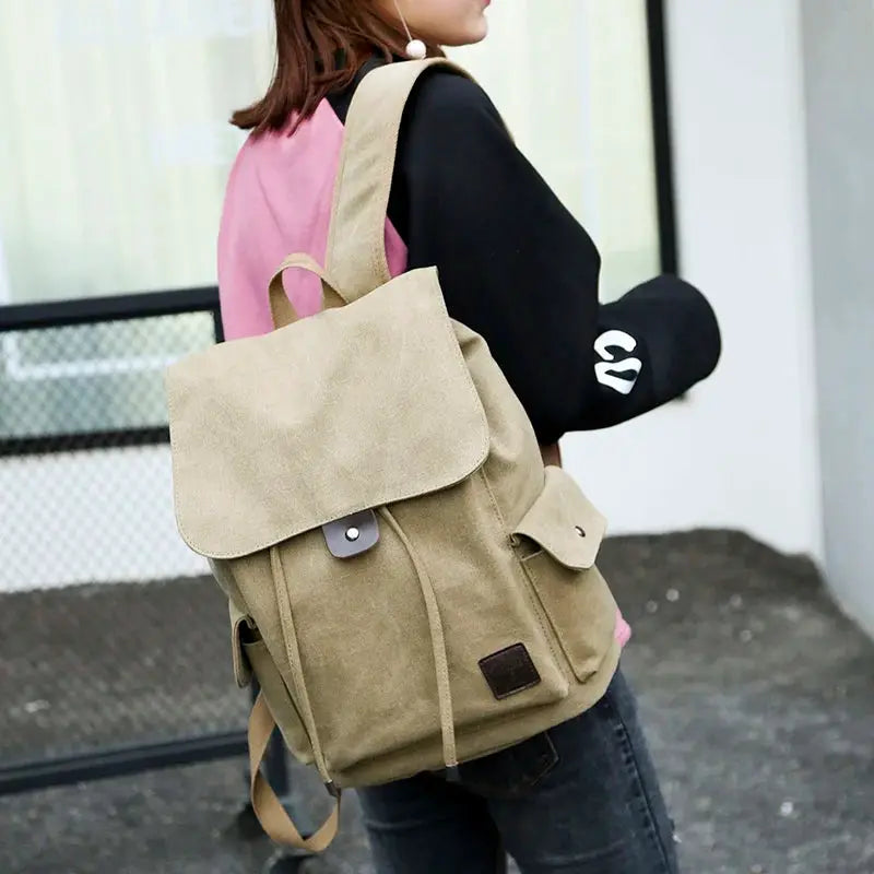 Simples Market canvas backpack, beige with front flap pocket and top carry handle