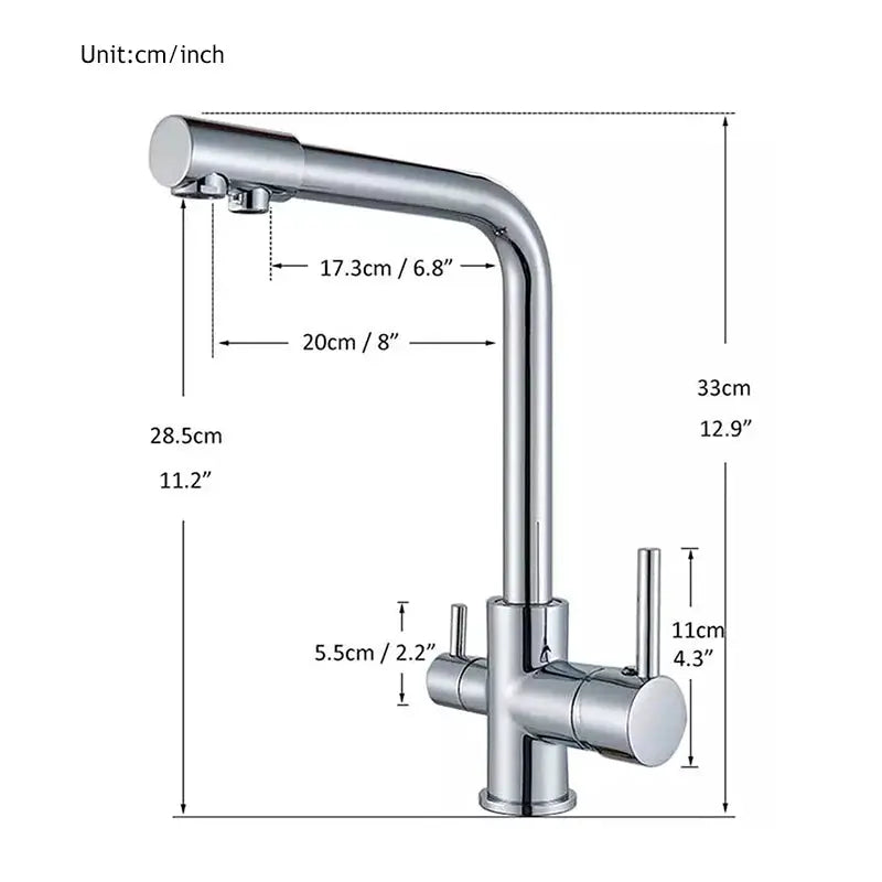 Chrome kitchen faucet by Simples Market with dual swivel spout and drinking water filter for hot and cold water.