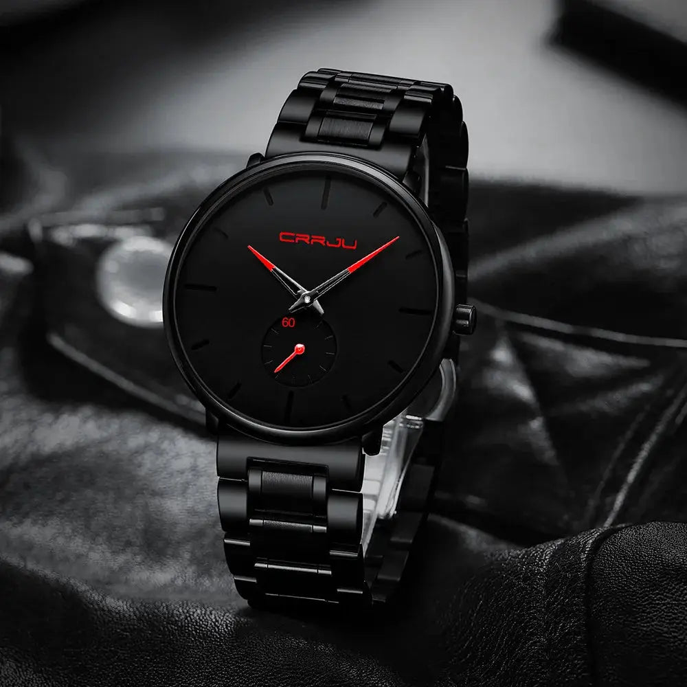 CRRJU men's stainless steel wristwatch with black dial and red hands, black metal band