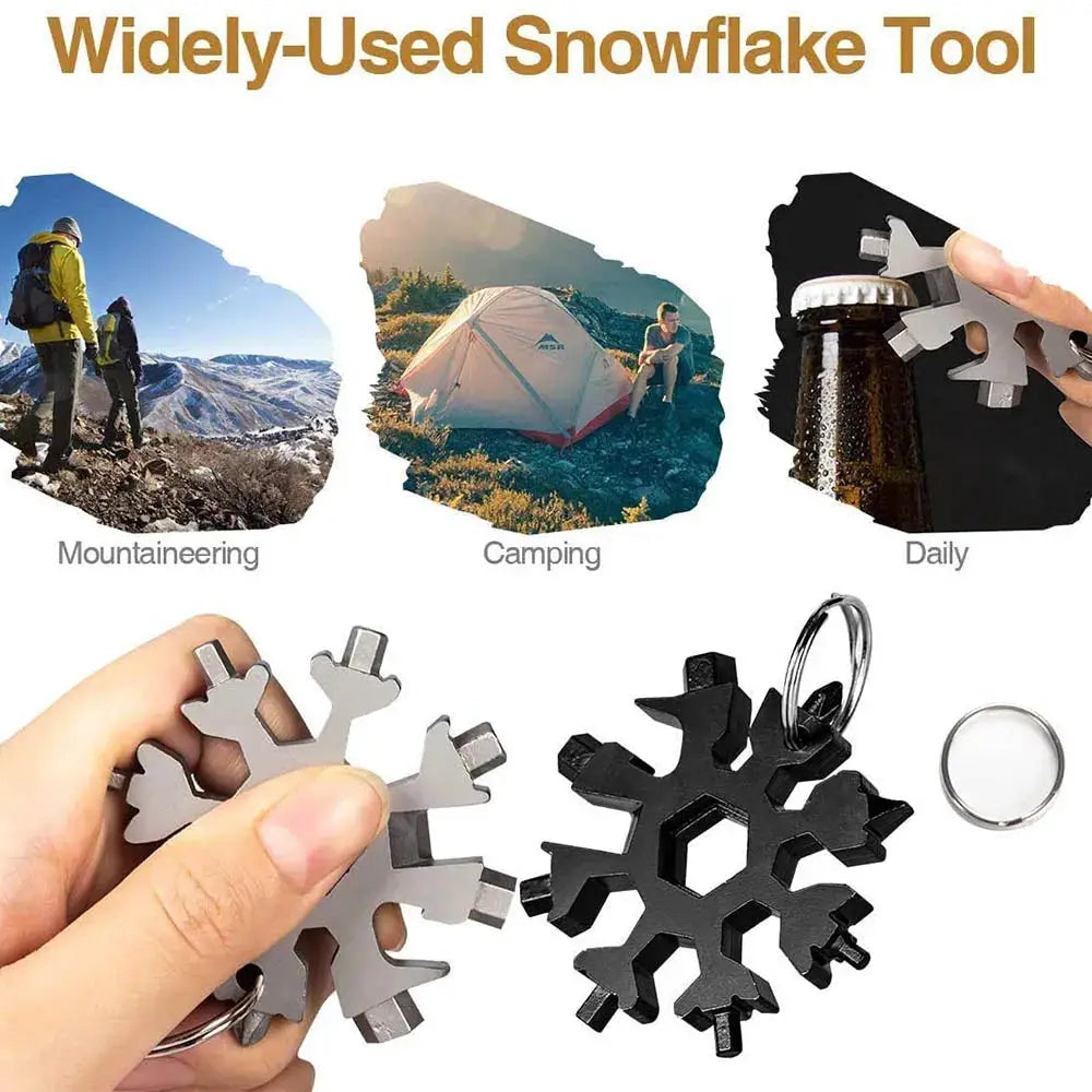 Simples Market Snowflake 18-in-1 Multi Tool set: two stainless steel snowflake tools with bottle opener and key ring