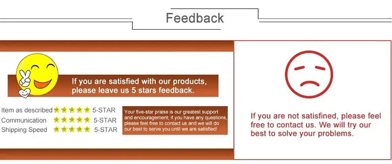Simples Market panties feedback banner with 5-star review prompt, smiling emoji, and red sad-face support note.