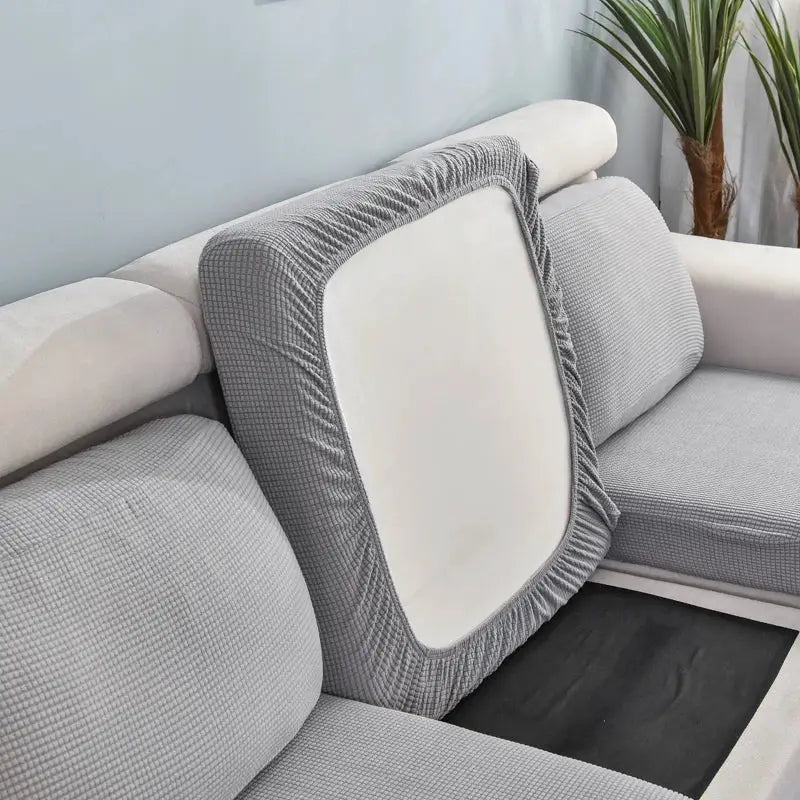 Sofa seat cushion slipcover, gray stretch fabric with white panel, Simples Market