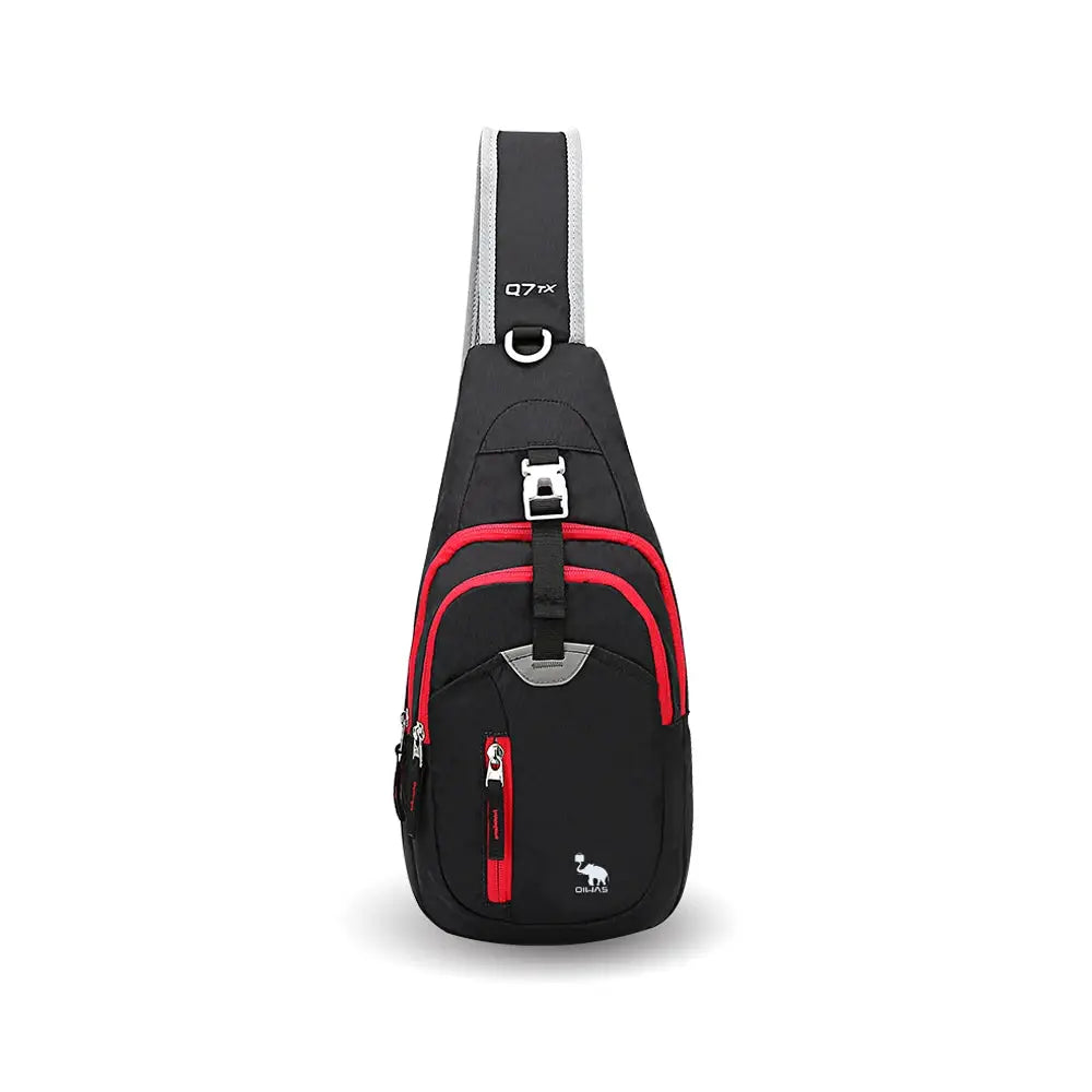 OIWAS black sling bag with red zipper accents; single-strap crossbody for men