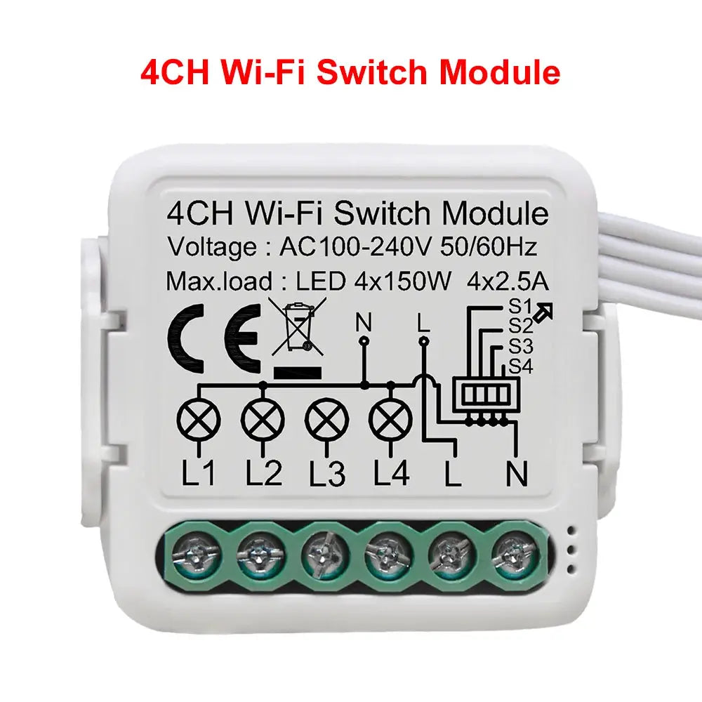 4CH Wi-Fi switch module, white plastic enclosure with screw terminals, 100–240V AC, 4 channel outputs