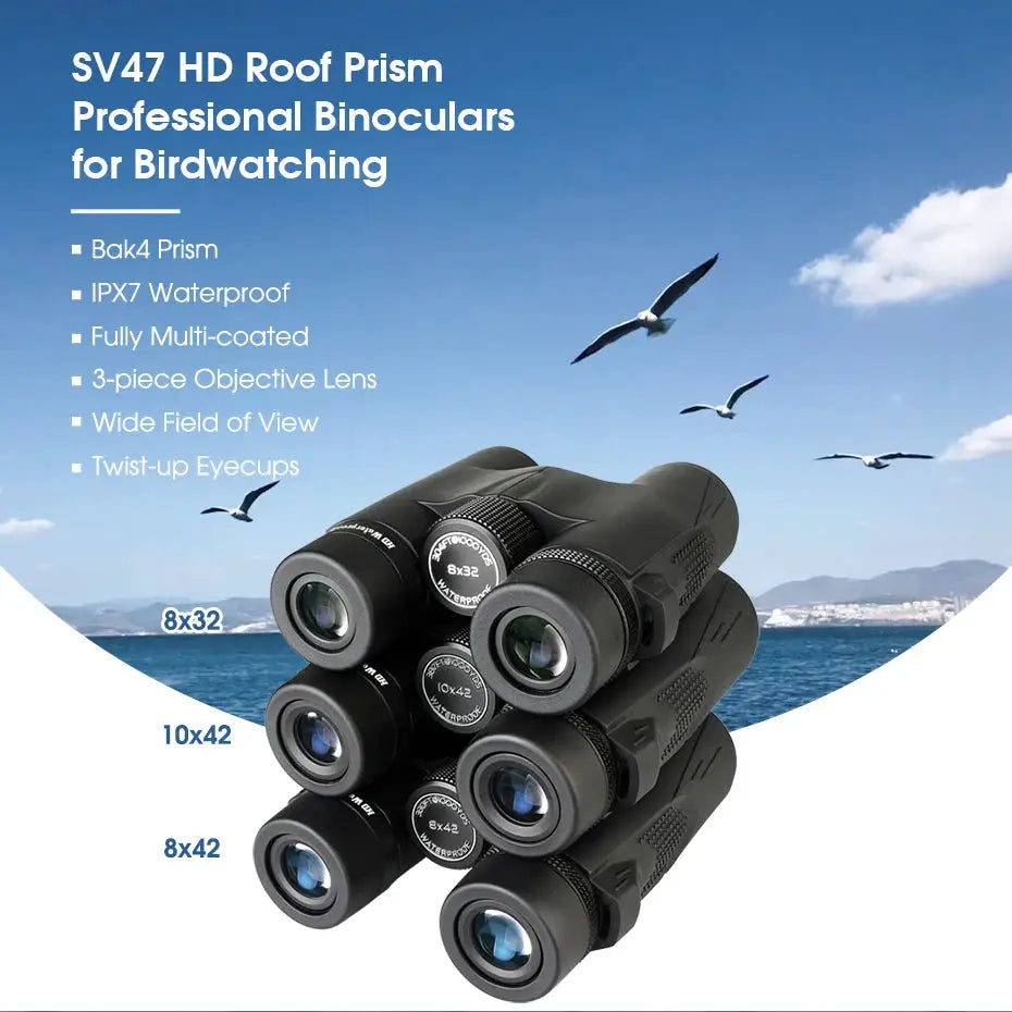 SVBONY SV47 HD birdwatching binoculars set in black; IPX7 waterproof, 8x32/8x42/10x42 lenses, Simples Market.
