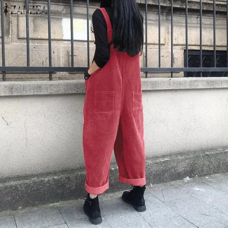 ZANZEA red corduroy overalls with suspenders, back patch pockets, rolled cuffs