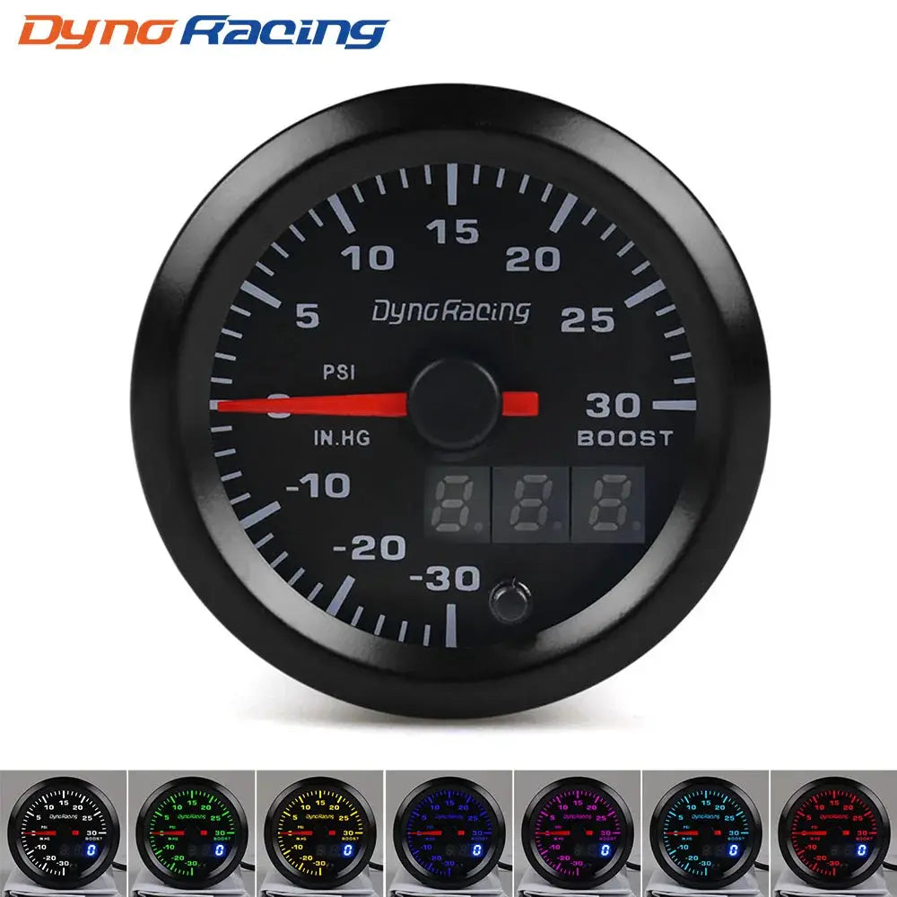 DynRacing 2in dual-display car gauge with boost and oil pressure readouts and LED digital display, black bezel
