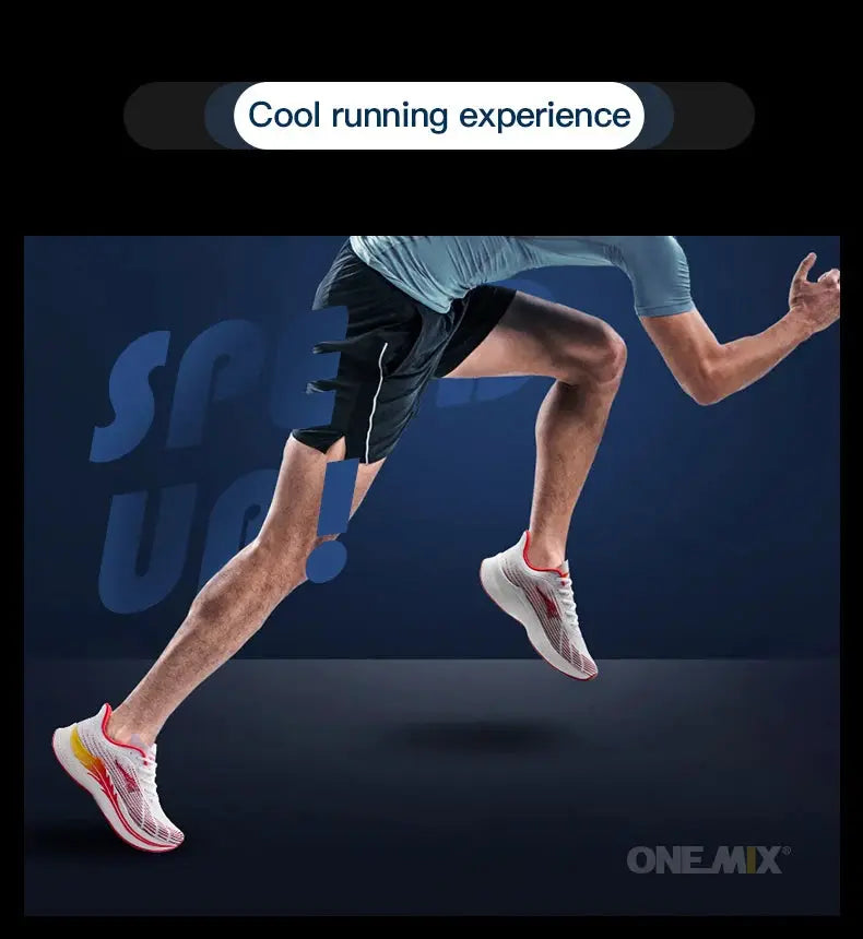 OneMix running shoes, white uppers with red accents, lightweight athletic sneakers, pair in motion, OneMix logo visible