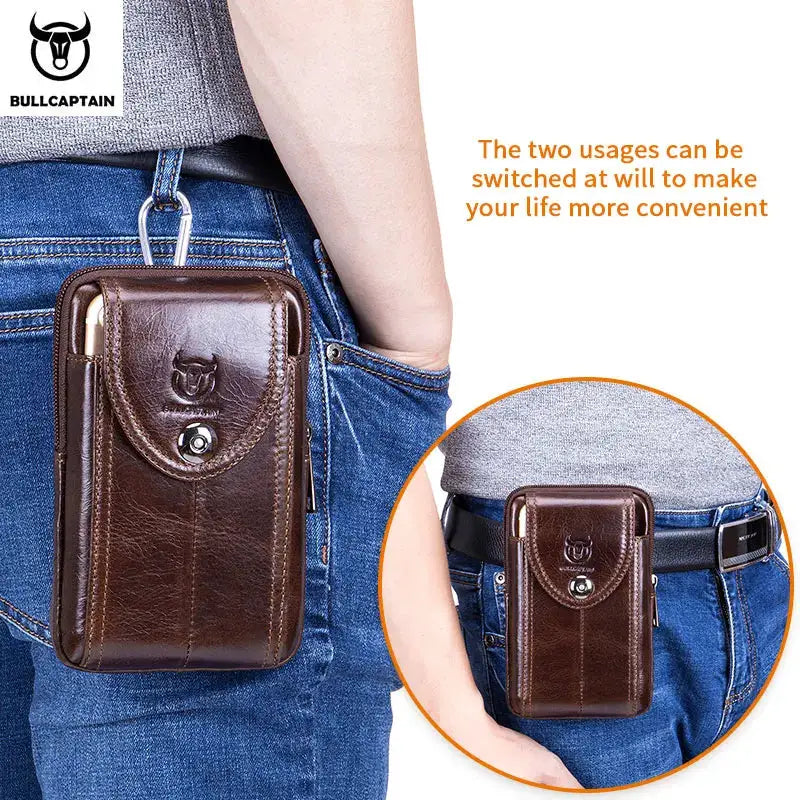 BullCaptain brown leather belt waist bag with metal snap closure; holds phone and money.