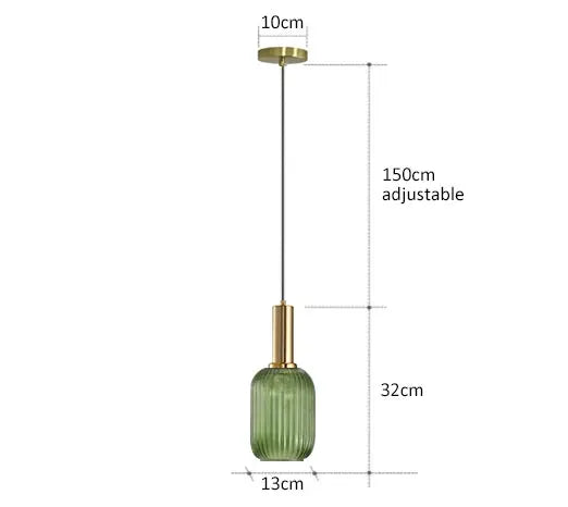 Pendant lamp, green ribbed glass bottle shade with brass fittings, adjustable cord up to 150cm, Simples Market.