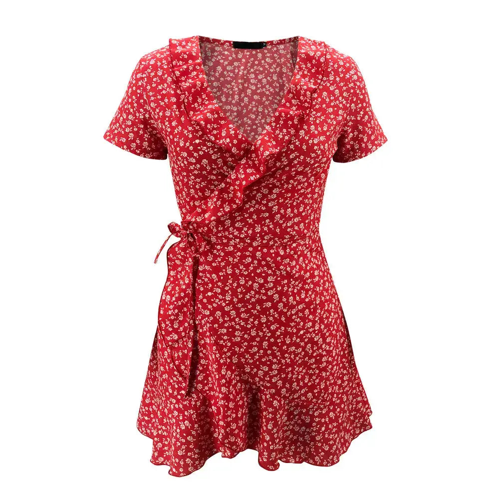 Summer Floral A Line Dress For Women V Neck Ruffles Mini Dress