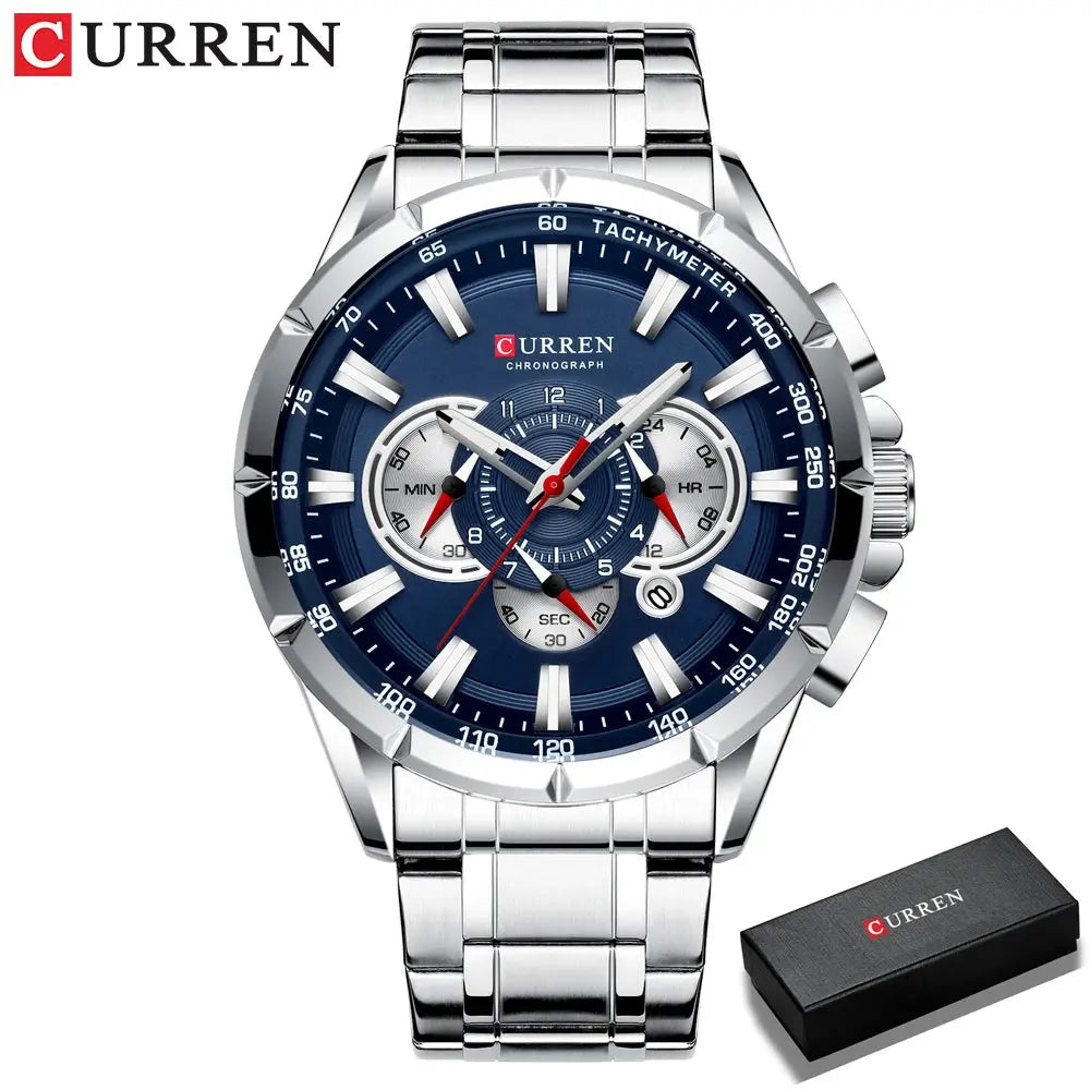 Curren men's chronograph wristwatch with blue dial and stainless steel band