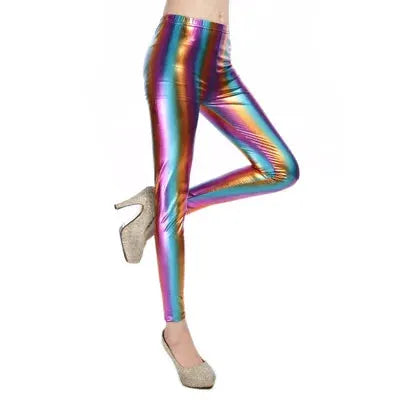 Ladies rainbow metallic leggings, shiny laser leather finish, slim fit