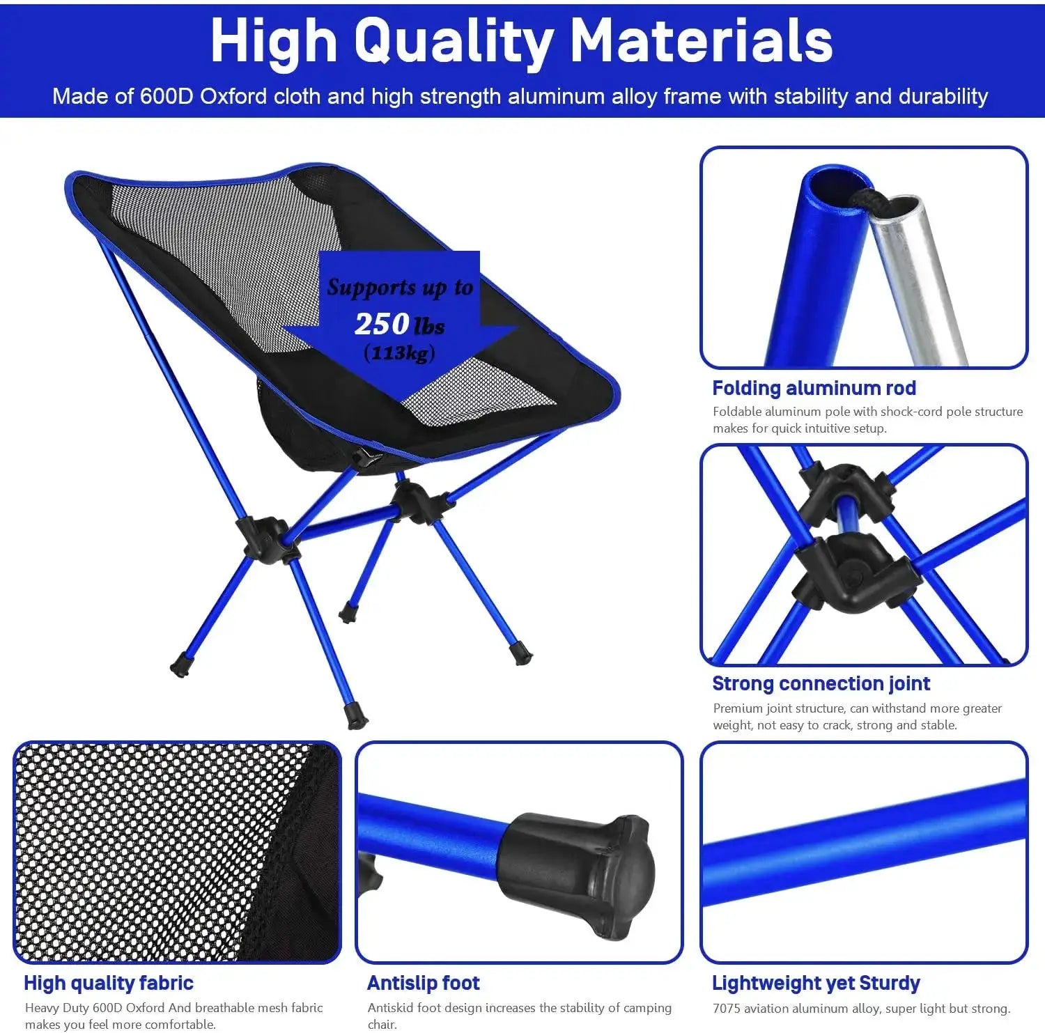 Folding chair blue with aluminum frame and mesh seat, Simples Market, ultralight camping chair, supports 250 lbs