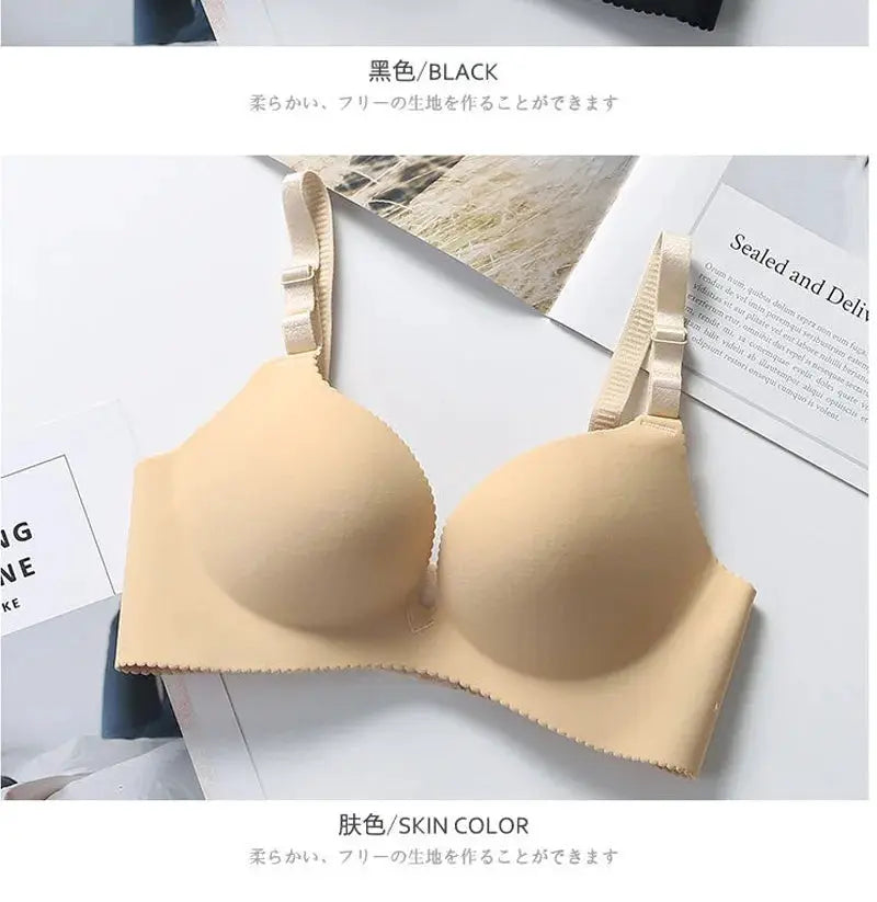 Beige wireless plunge bra with seamless cups and adjustable straps