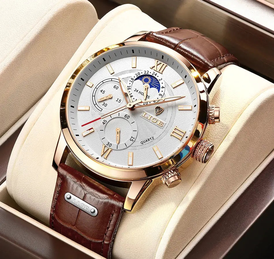 LIGE men's luxury quartz watch with brown leather strap, gold-tone case, white dial, boxed.