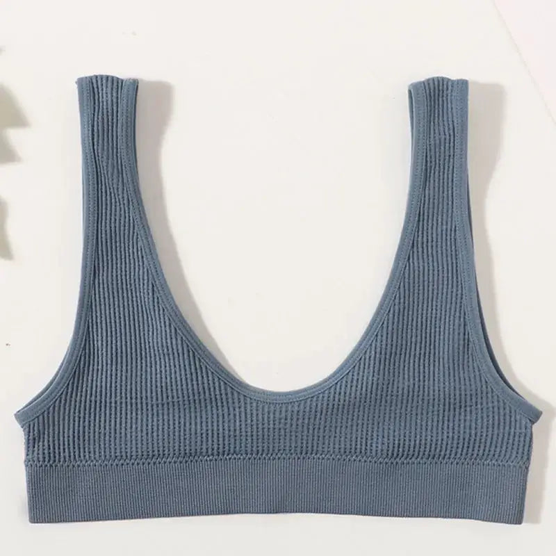 Blue ribbed seamless sports bralette, deep-U shape, non-wire crop top for women