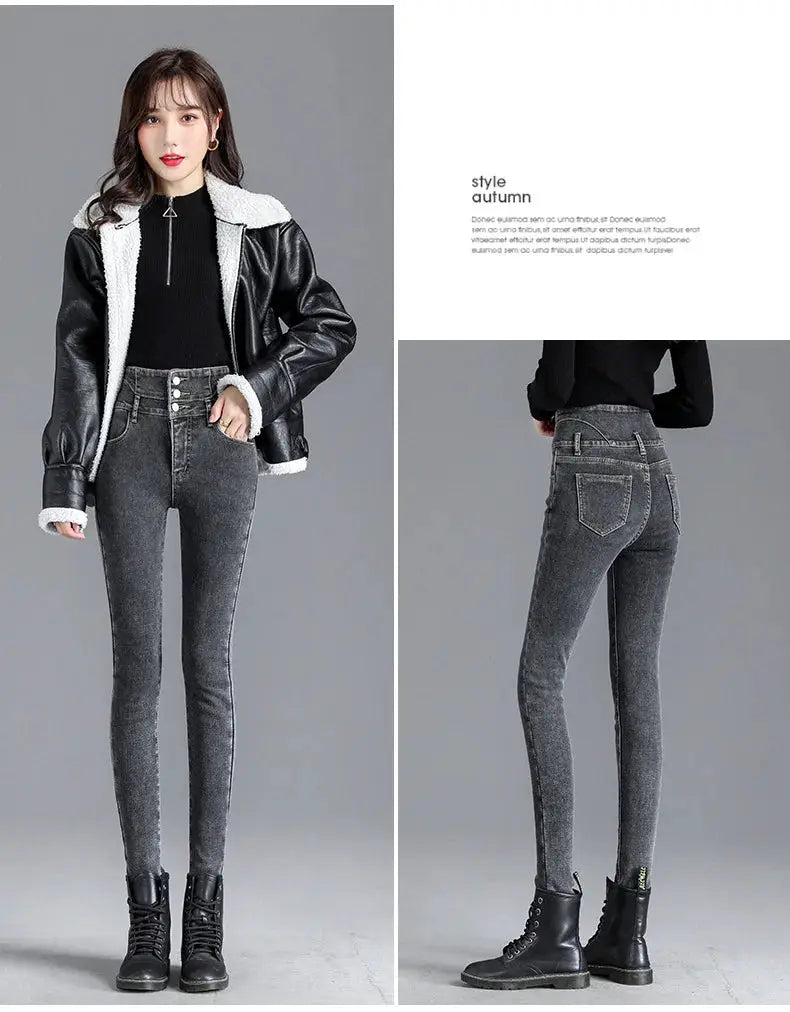 Thermal Winter Thick Fleece High Waist Stretch Skinny Jeans For Women