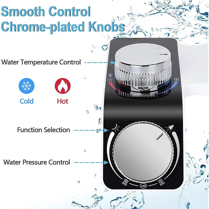 Bidet toilet seat attachment with chrome-plated dual nozzles and a large chrome dial