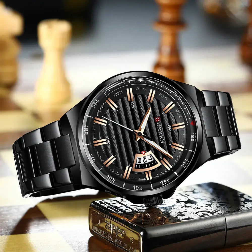 CURREN men's luxury quartz watch with stainless steel band, black dial, rose-gold accents, auto date, with box