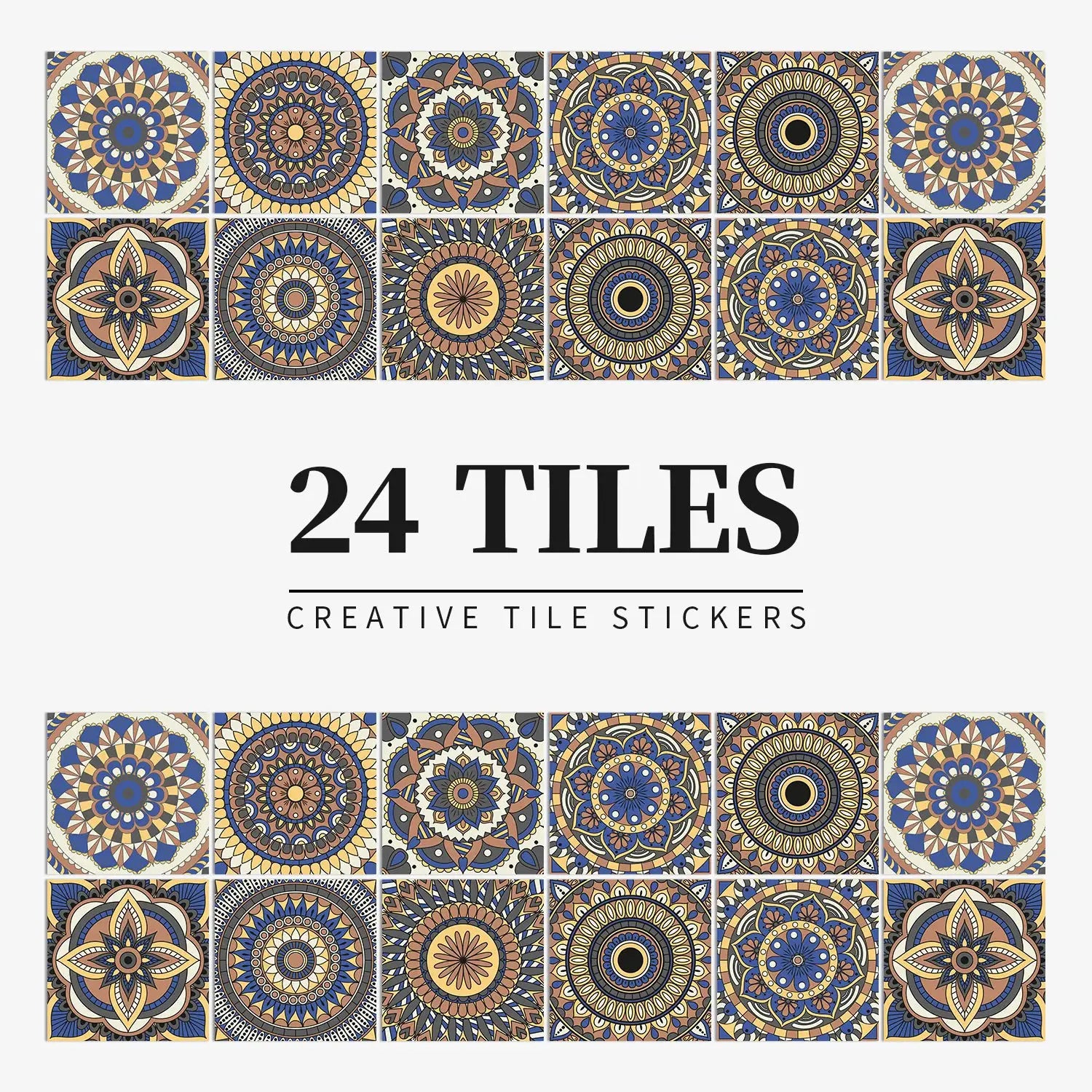 24-piece tile sticker set with light mandala designs for walls; waterproof self-adhesive decals by Simples Market