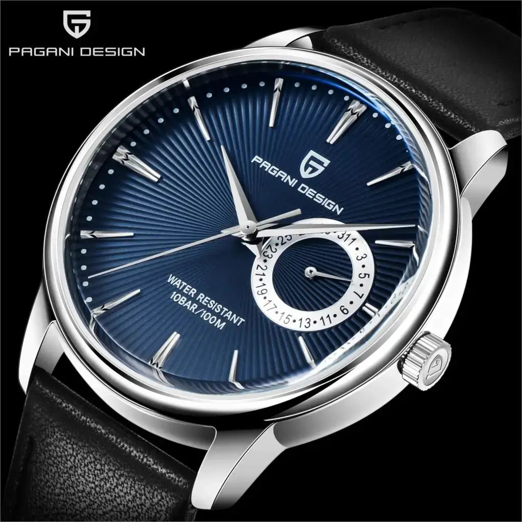 Pagani Design 1654 wristwatch with blue dial, stainless steel case, water resistant 10BAR/100M, black leather strap