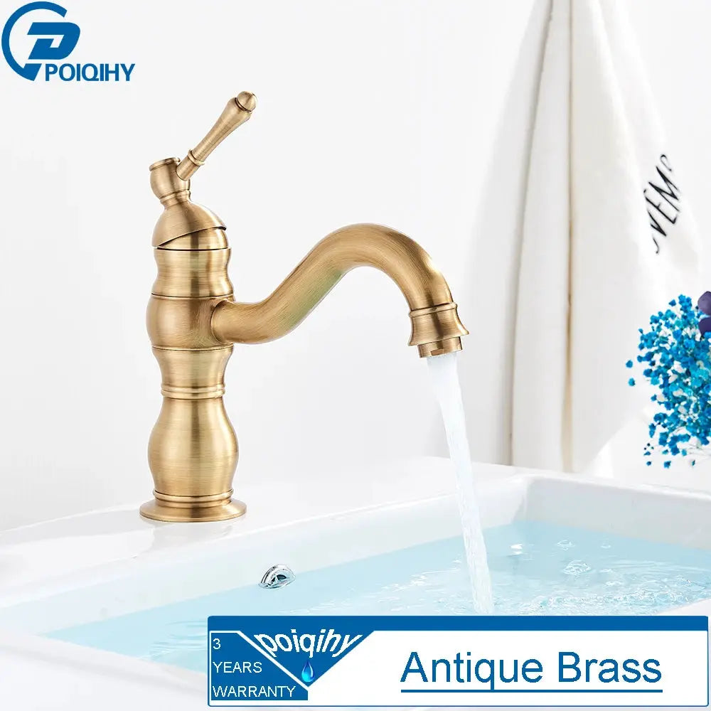 POIQIHY antique brass basin faucet for vessel sink, deck-mounted single-hole hot and cold mixer.