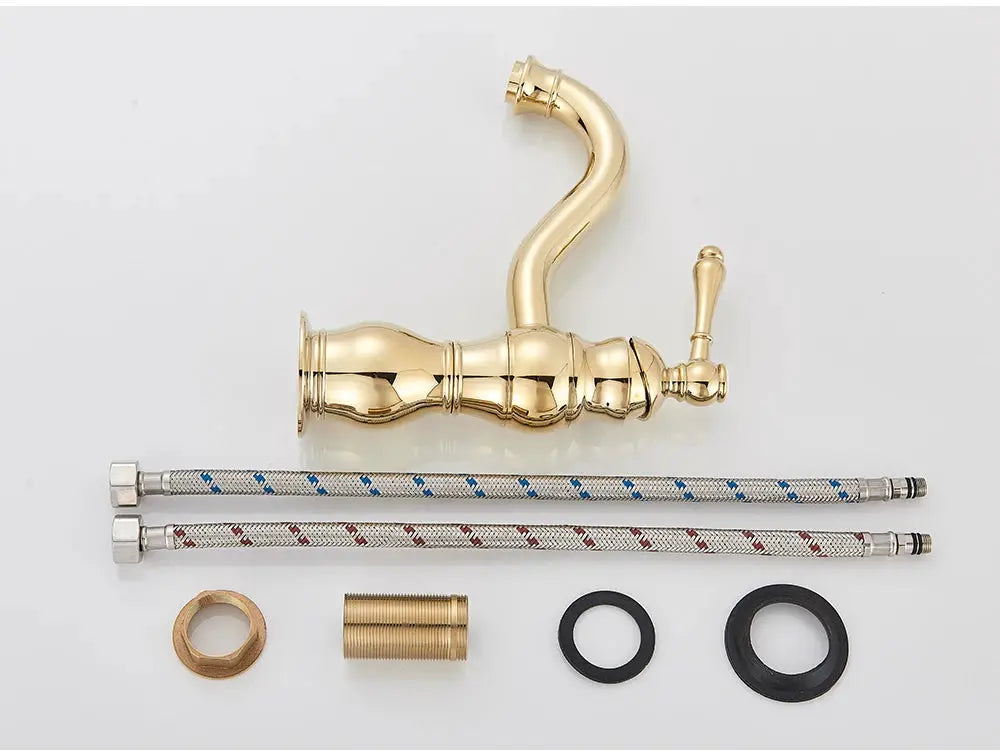 Simples Market POIQIHY antique brass basin faucet, deck-mounted single-hole with two braided supply lines