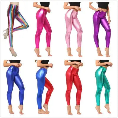 Ladies metallic shiny laser leather leggings in candy colors; eight color options shown by Simples Market