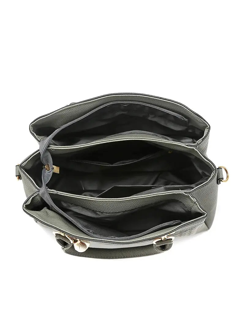 PU leather handbag by Simples Market, gray tote with top handles, tassel zipper pulls and multiple interior compartments