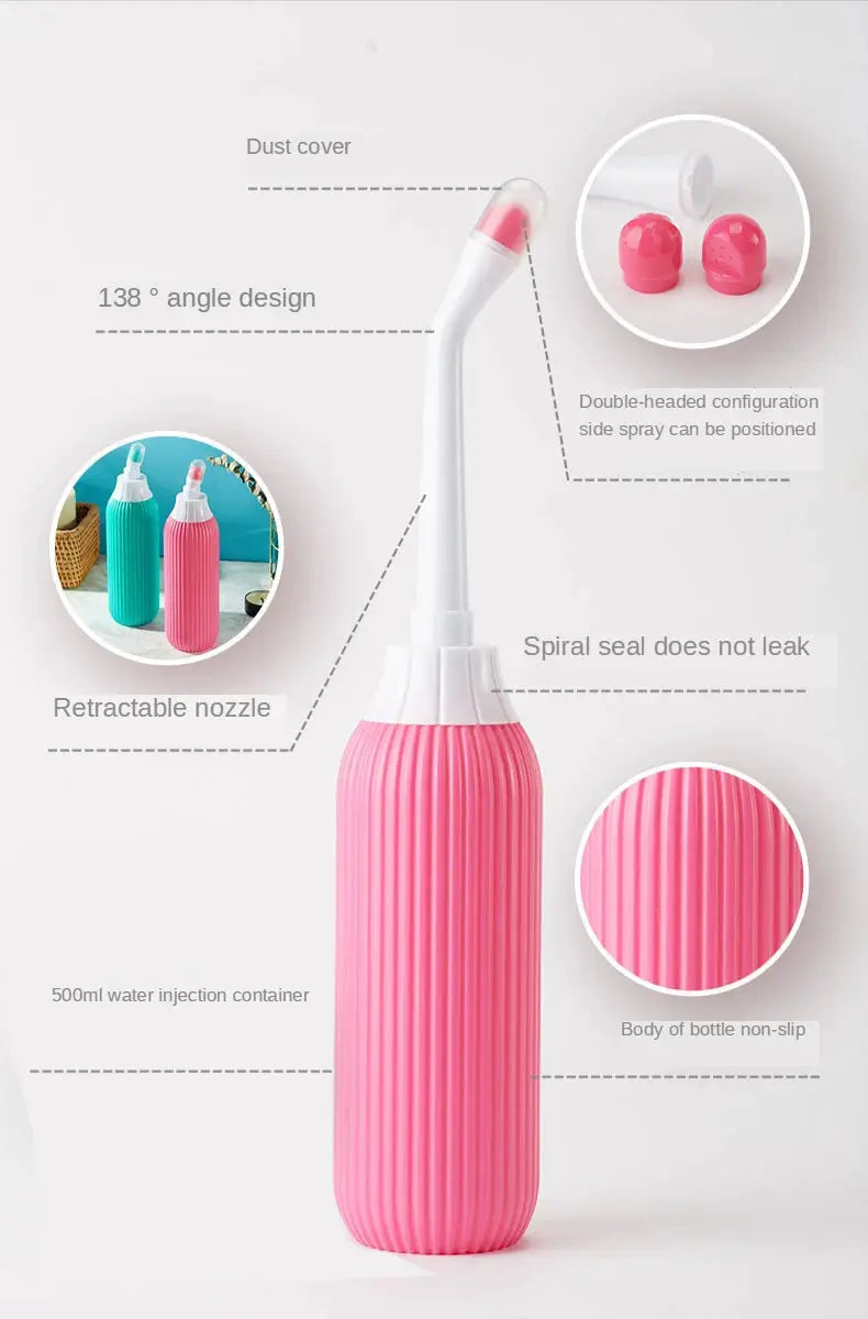 Portable bidet by Simples Market, pink ribbed 500ml bottle with retractable nozzle and dust cover