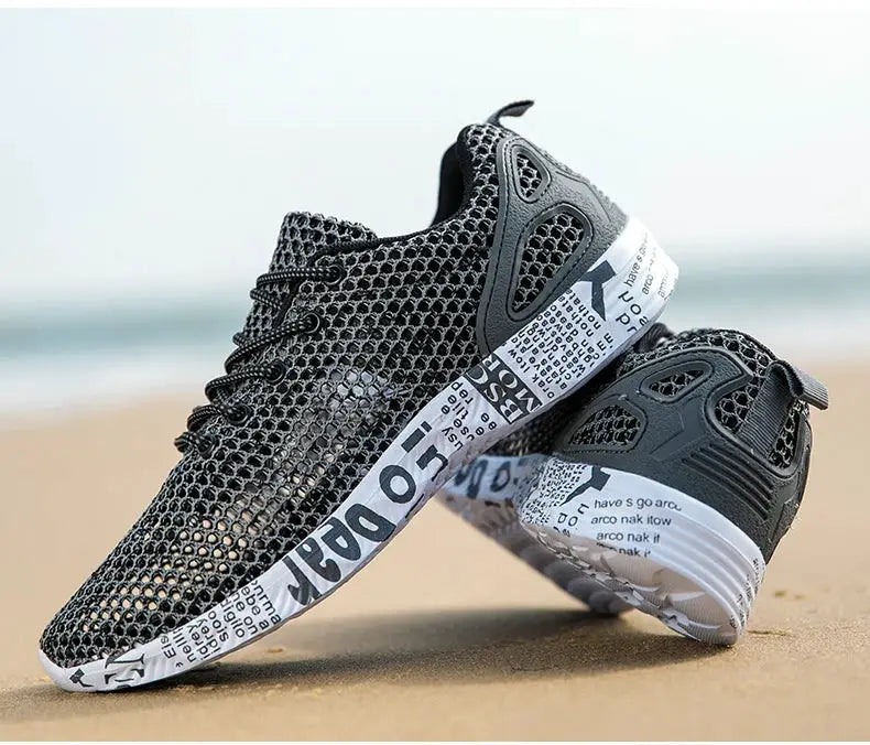 Men's black mesh water shoes with foam sole for casual beach footwear