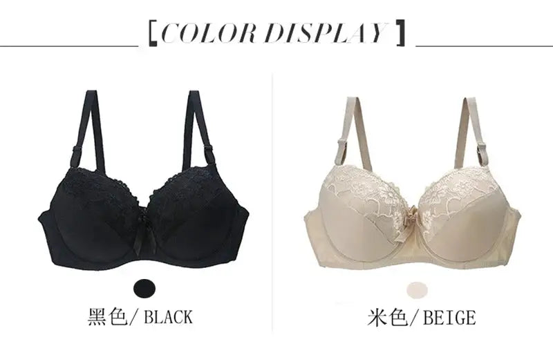 BCDE Cup lace push-up bras in black and beige, underwire with floral lace design 2-pack