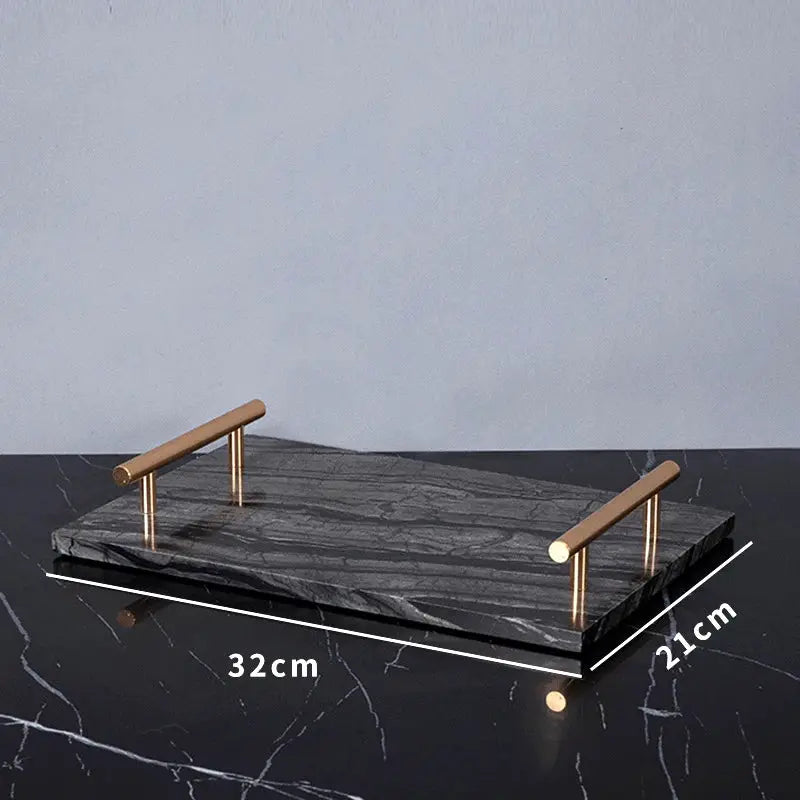 Ancient wood-grain marble bathroom tray with antique bronze handles, 32×21 cm
