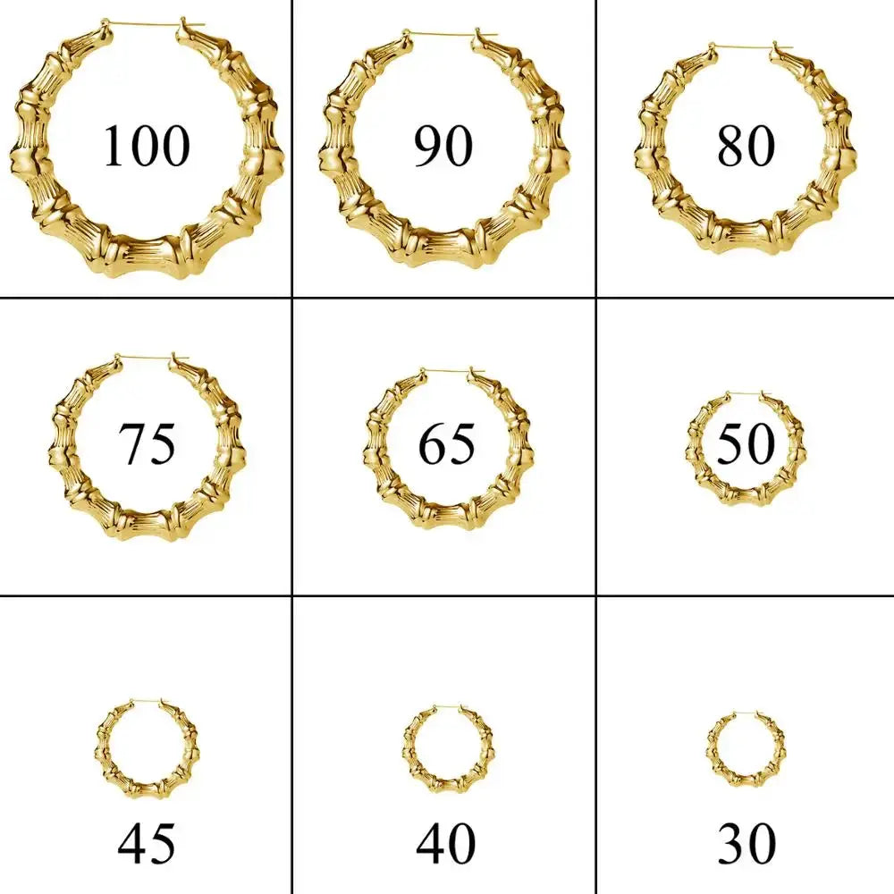 Gold bamboo hoop earrings collage showing nine hoops in sizes 30mm–100mm