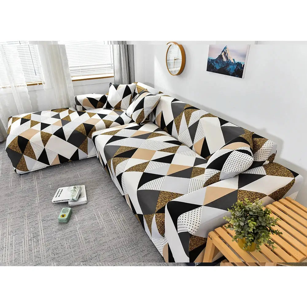 Stretch sofa cover for L-shaped corner sofa, geometric pattern in black, white and gold.