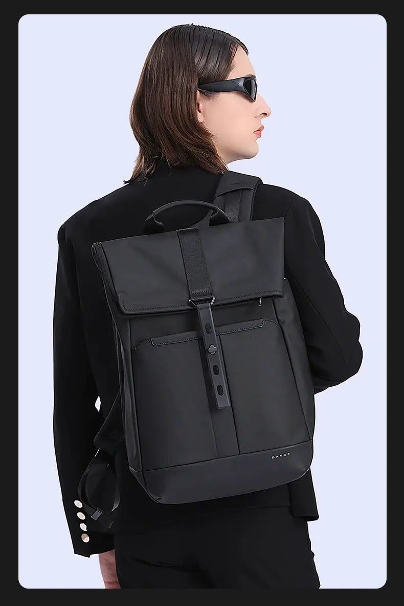BANGE black anti-theft waterproof laptop backpack, 15.6-inch, with top flap and vertical strap