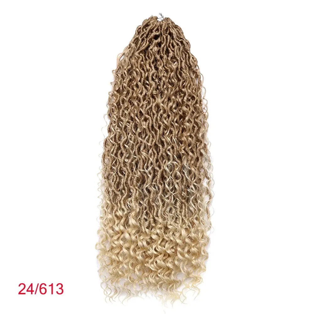 Goddess Locs synthetic crochet hair extensions, long curly faux locs with brown-to-blonde ombre