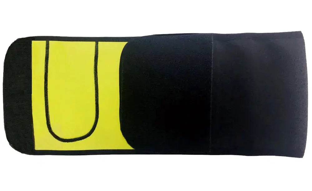 Sauna waist trainer belt by Simples Market, black with neon yellow panel, fitness cincher.